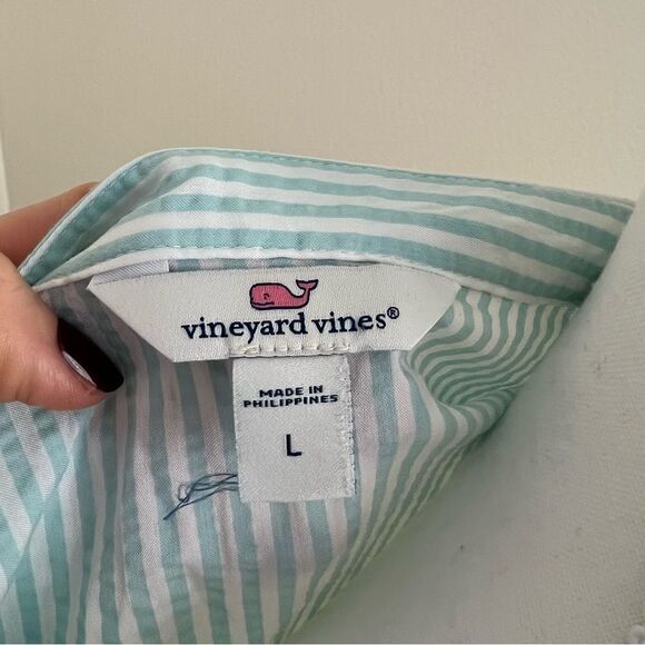 Vineyard Vines Seersucker Striped Romper in Aqua Size Large Short Sleeve - Picture 9 of 11